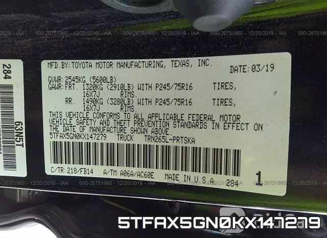 5TFAX5GN0KX147279 фото 10