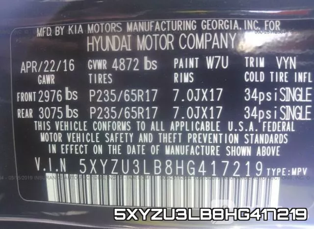 5XYZU3LB8HG417219 фото 10