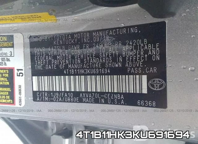 4T1B11HK3KU691694 фото 10