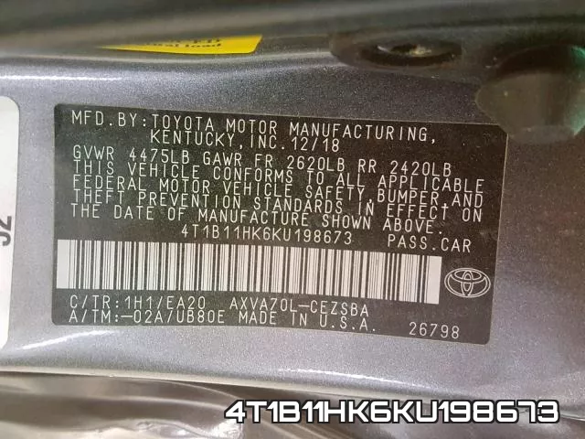 4T1B11HK6KU198673 фото 2
