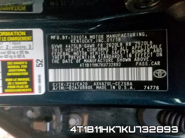 4T1B11HK7KU732893 фото 2