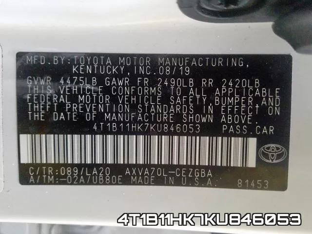 4T1B11HK7KU846053 фото 2