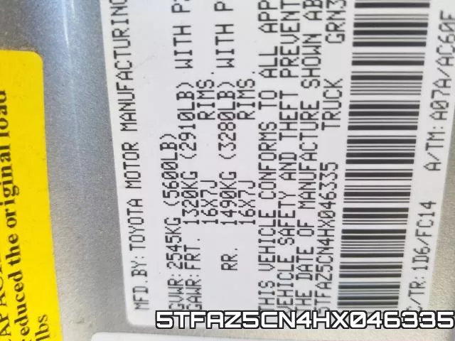 5TFAZ5CN4HX046335 фото 2