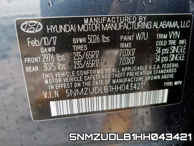 5NMZUDLB1HH043421 фото 2