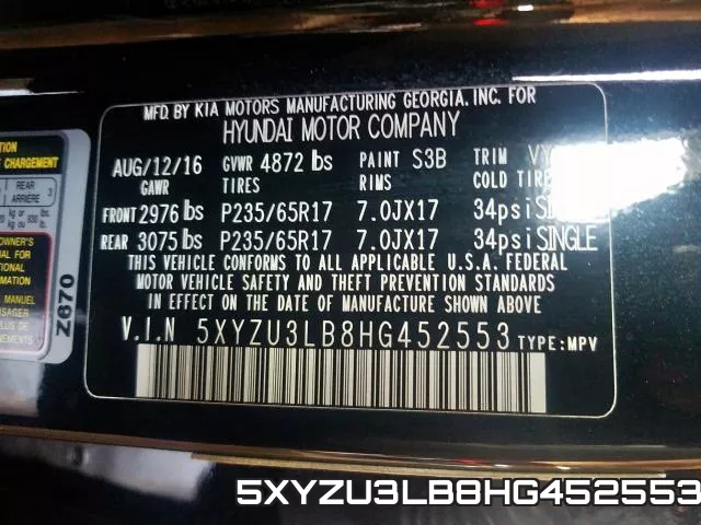 5XYZU3LB8HG452553 фото 2