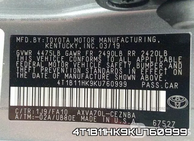 4T1B11HK9KU760999 фото 10