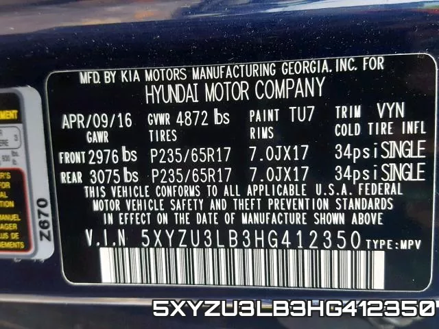 5XYZU3LB3HG412350 фото 2