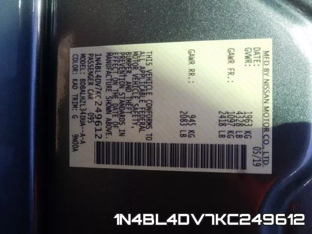1N4BL4DV7KC249612 фото 2