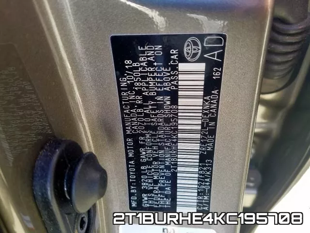 2T1BURHE4KC195708 фото 2
