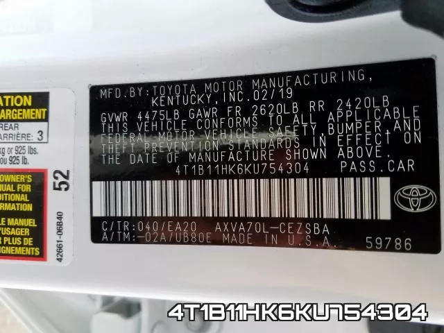 4T1B11HK6KU754304 фото 2