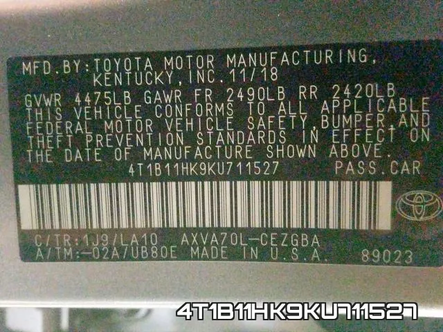 4T1B11HK9KU711527 фото 2