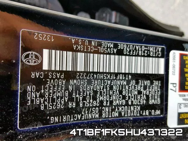 4T1BF1FK5HU437322 фото 2