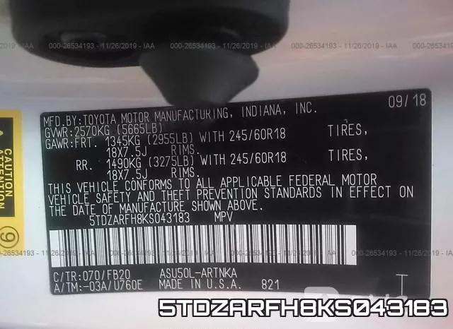 5TDZARFH8KS043183 фото 10