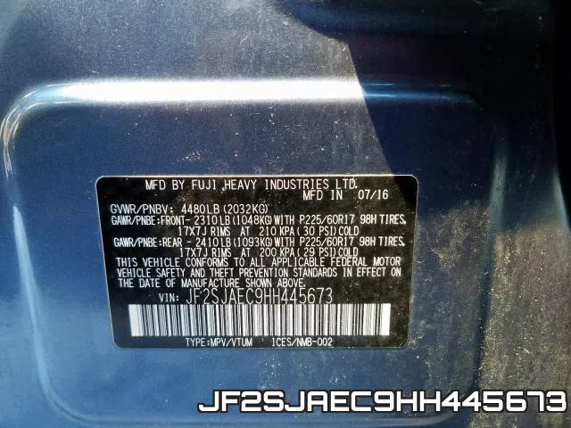 JF2SJAEC9HH445673 фото 2