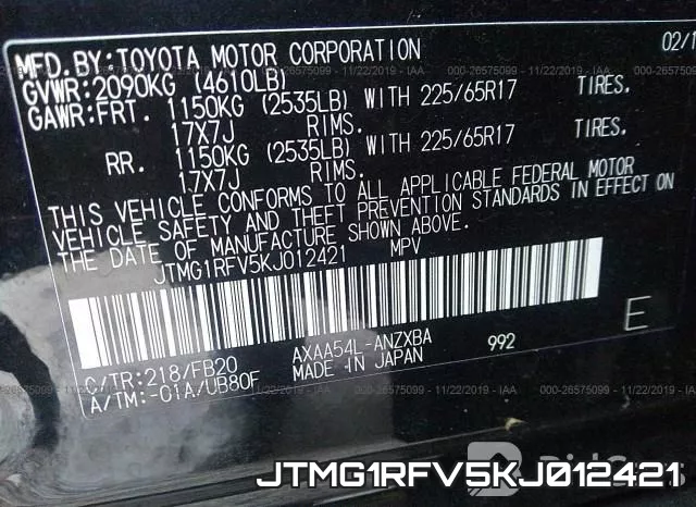 JTMG1RFV5KJ012421 фото 10