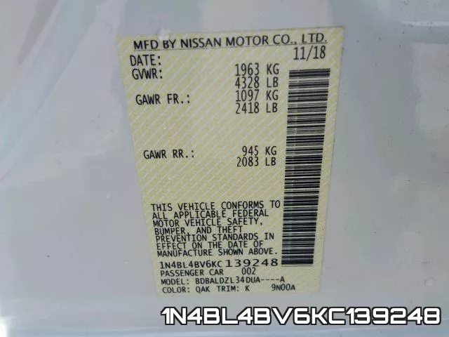 1N4BL4BV6KC139248 фото 2