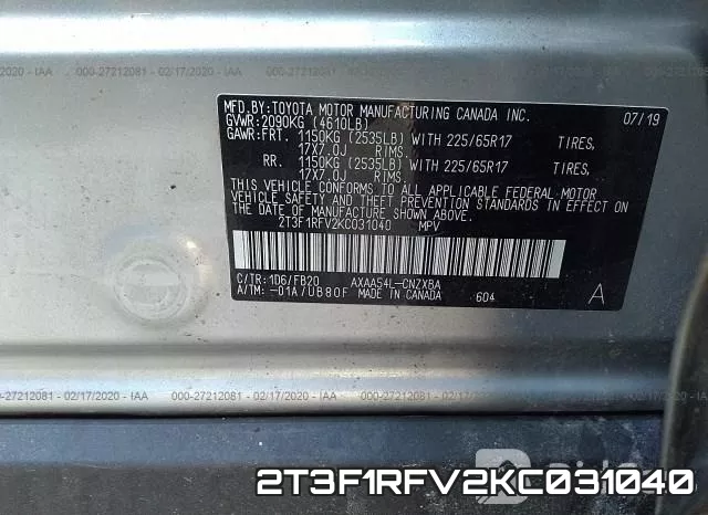 2T3F1RFV2KC031040 фото 10
