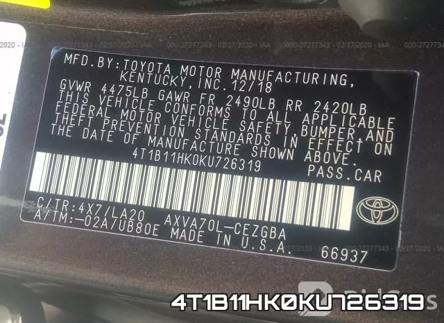 4T1B11HK0KU726319 фото 10