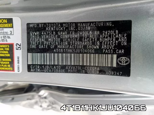 4T1B11HK1JU104066 фото 2