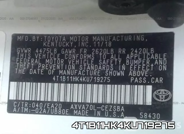 4T1B11HK4KU719275 фото 10