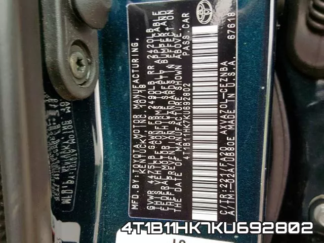 4T1B11HK7KU692802 фото 2