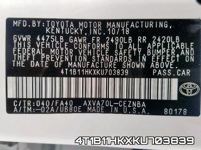 4T1B11HKXKU703839 фото 2
