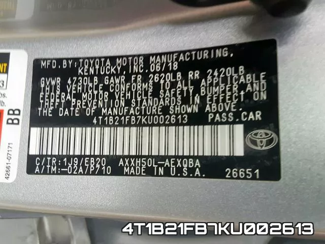 4T1B21FB7KU002613 фото 2
