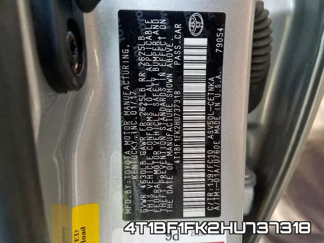 4T1BF1FK2HU737318 фото 2