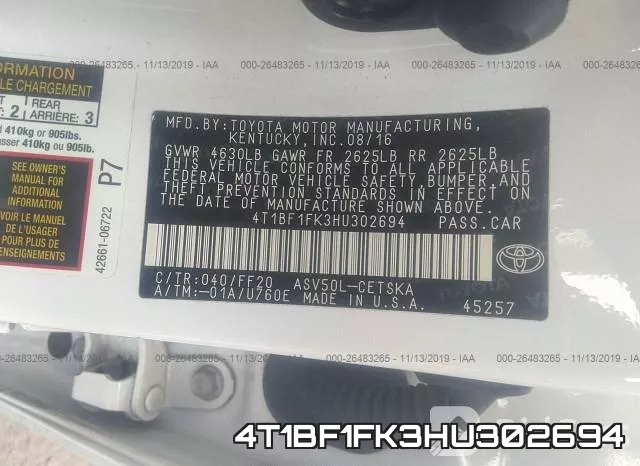 4T1BF1FK3HU302694 фото 10