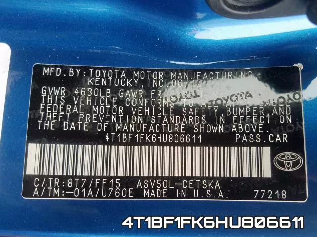 4T1BF1FK6HU806611 фото 2