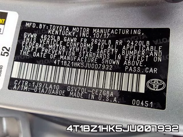 4T1BZ1HK5JU007932 фото 2