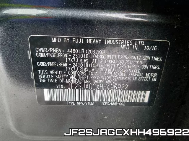 JF2SJAGCXHH496922 фото 2