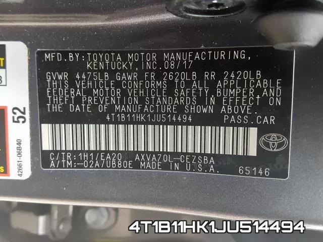 4T1B11HK1JU514494 фото 2