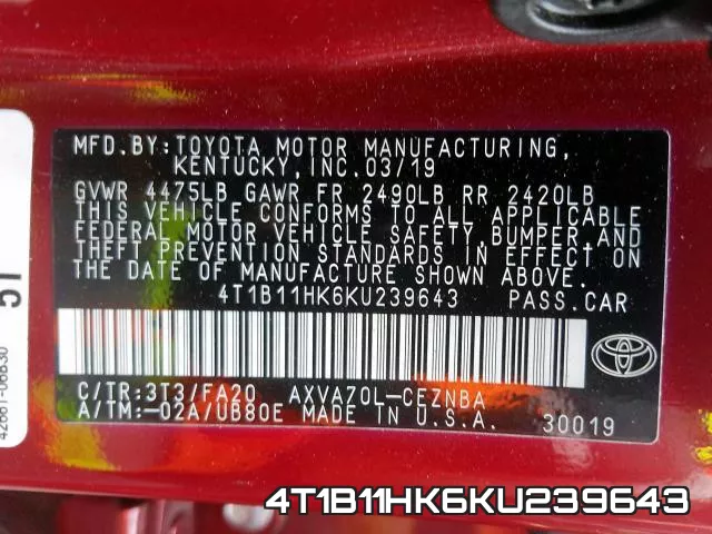 4T1B11HK6KU239643 фото 2