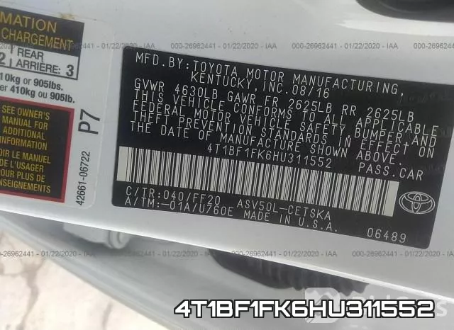 4T1BF1FK6HU311552 фото 9