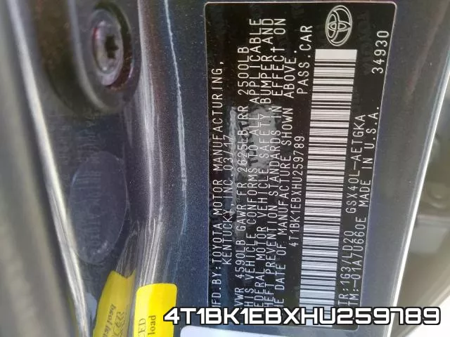 4T1BK1EBXHU259789 фото 2