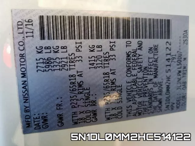 5N1DL0MM2HC514122 фото 2