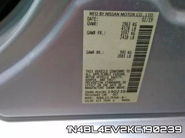 1N4BL4EV2KC190239 фото 2
