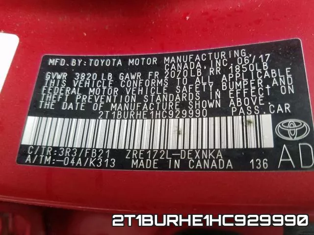 2T1BURHE1HC929990 фото 2
