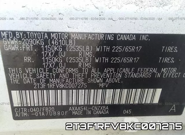 2T3F1RFV8KC007275 фото 10