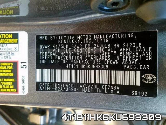 4T1B11HK6KU693309 фото 2
