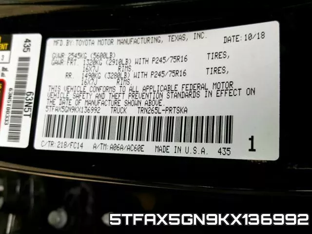 5TFAX5GN9KX136992 фото 2