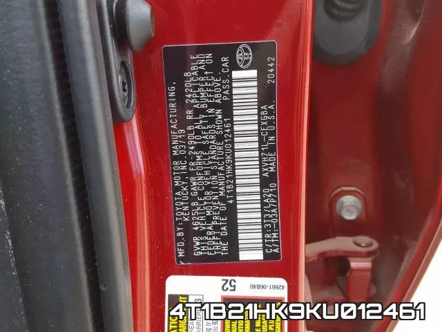 4T1B21HK9KU012461 фото 2