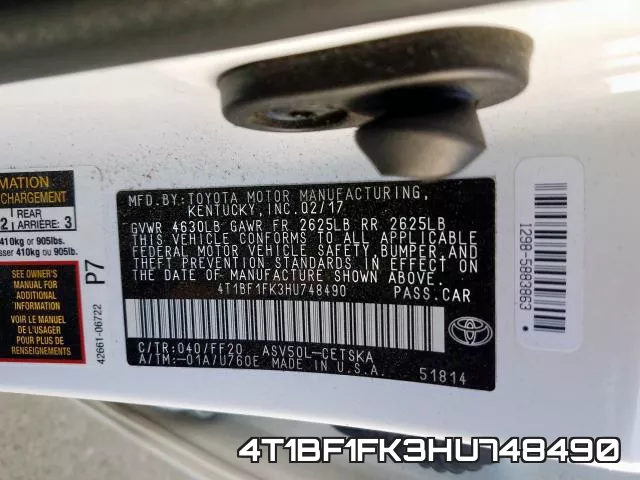 4T1BF1FK3HU748490 фото 2