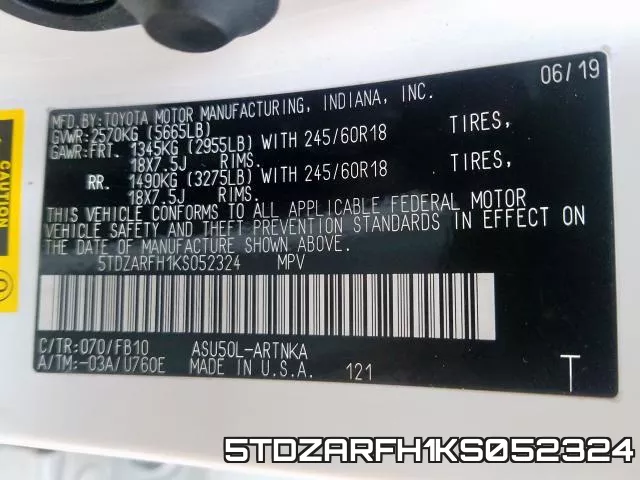 5TDZARFH1KS052324 фото 2