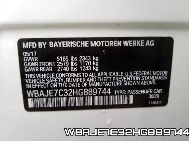 WBAJE7C32HG889744 фото 2