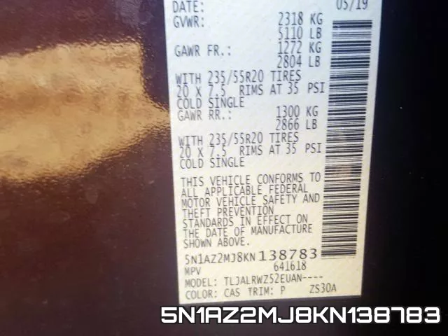 5N1AZ2MJ8KN138783 фото 2