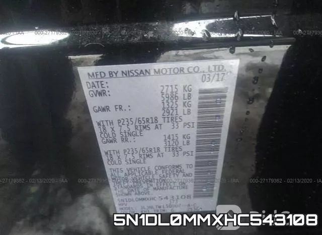 5N1DL0MMXHC543108 фото 10