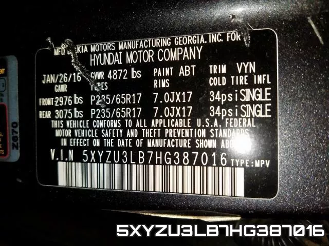5XYZU3LB7HG387016 фото 2