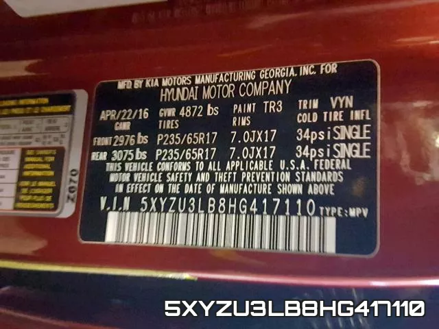 5XYZU3LB8HG417110 фото 2